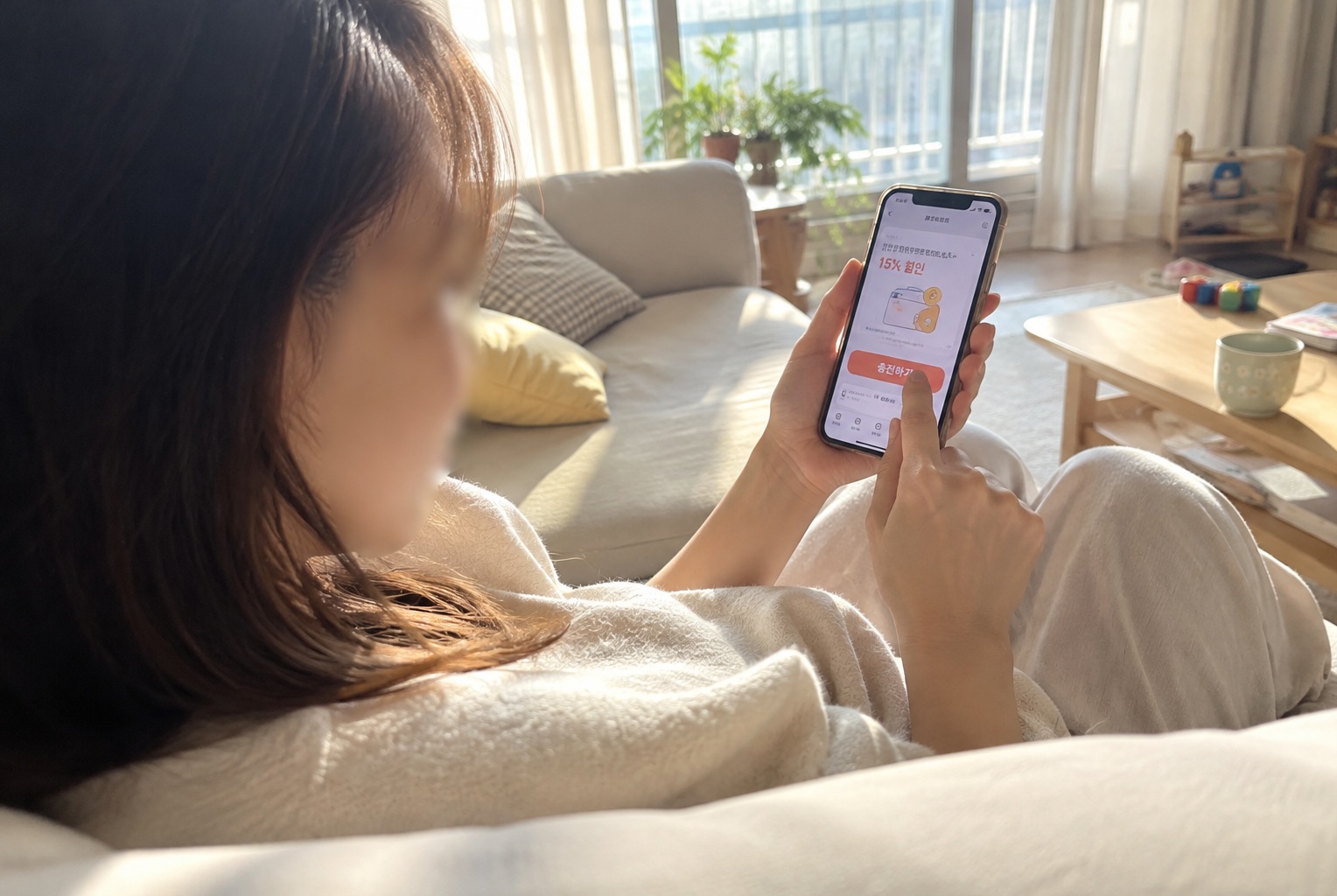 거실 소파에서 스마트폰으로 온누리상품권 모바일 충전과 15% 할인 안내를 확인하는 여성