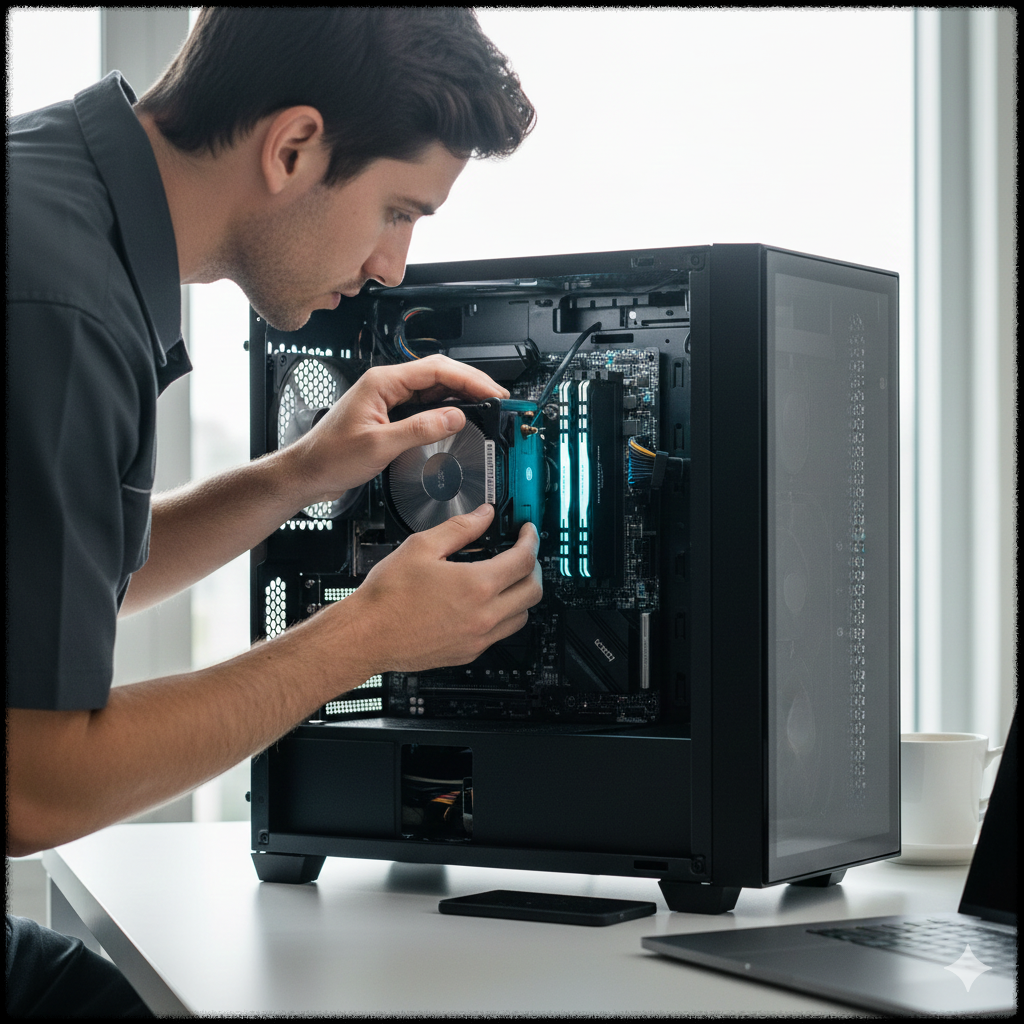 PC 케이스 옆면을 열고 내부 부품을 점검하는 모습