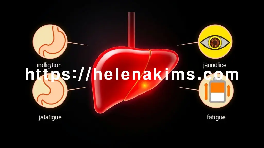 중앙에 반투명하고 희미하게 빛나는 간의 추상적인 형태. 간 주변에 '소화 불량'을 상징하는 꼬인 위장 아이콘, '황달'을 나타내는 노란 눈동자 아이콘, '피로'를 의미하는 방전된 배터리 아이콘이 있는 이미지.