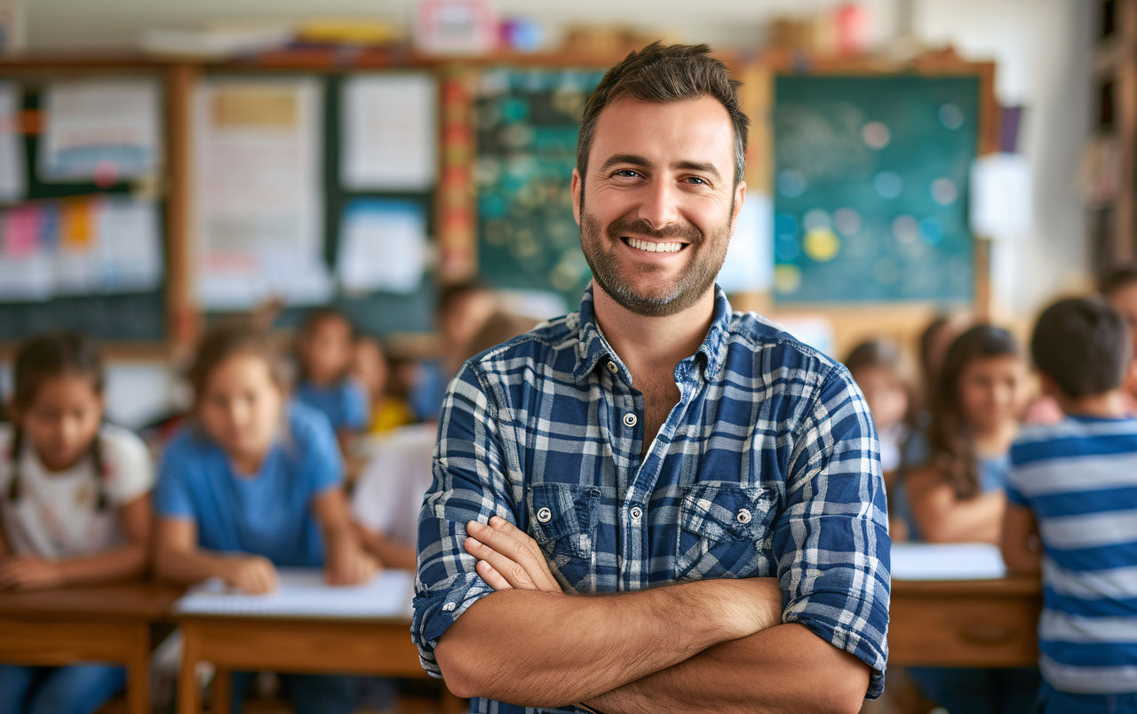 초등학교 교실 내에 있는 남자 선생님 사진