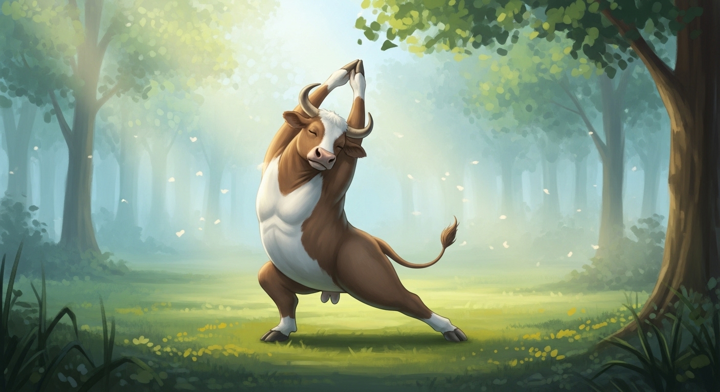 평화로운 자연 속에서 스트레칭하며 몸과 마음의 균형을 유지하는 건강한 황소, 웰빙과 휴식을 상징합니다.