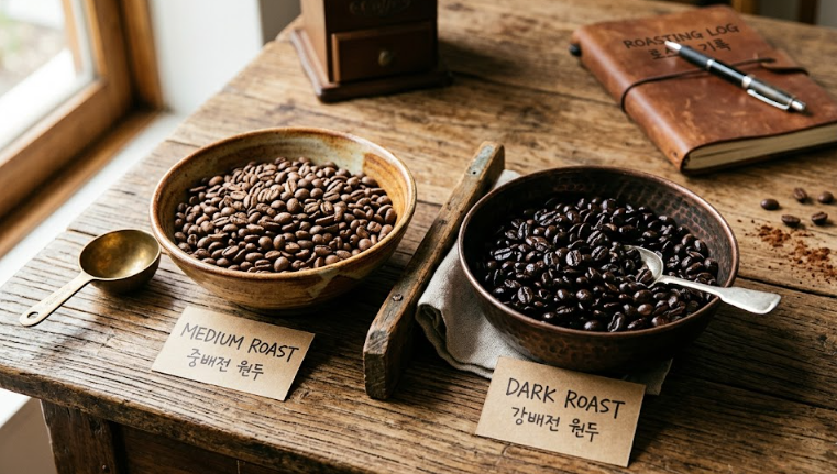 앤티크한 나무 테이블 위에 놓인 중배전 원두(Medium Roast)와 강배전 원두(Dark Roast)의 외관 비교 및 로스팅 로그북 설정 샷.
