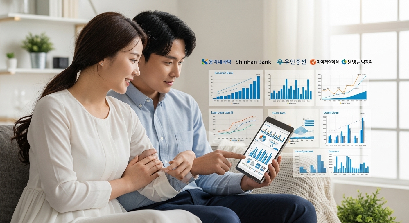행복한 신혼부부가 태블릿으로 은행별 전세자금대출 금리 비교표를 살펴보는 모습