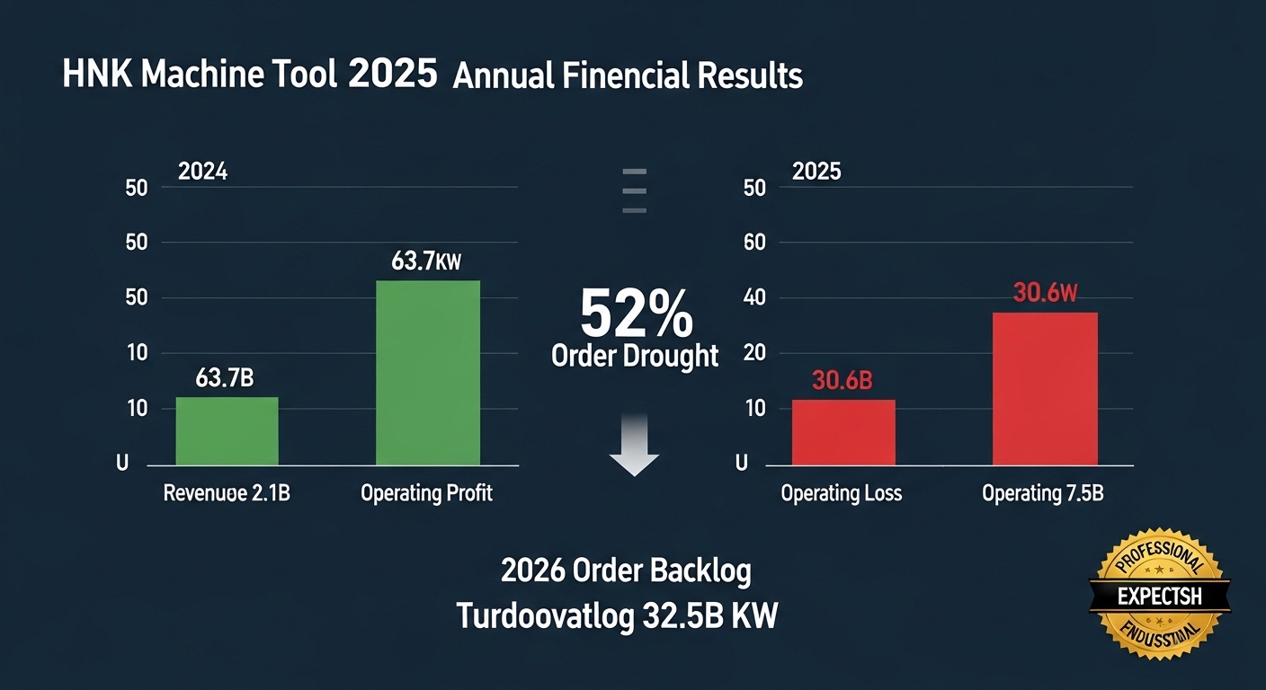 HNK Machine Tool 2025 annual financial results comparison dark blue gray background left 2024 bar chart revenue 63.7B KRW green bar operating profit 2.1B green bar right 2025 bar chart revenue 30.6B KRW red bar operating loss 7.5B red bar center arrow down 52 percent revenue decline label order drought bottom banner 2026 order backlog 32.5B KRW badge turnaround expected English labels professional dark industrial