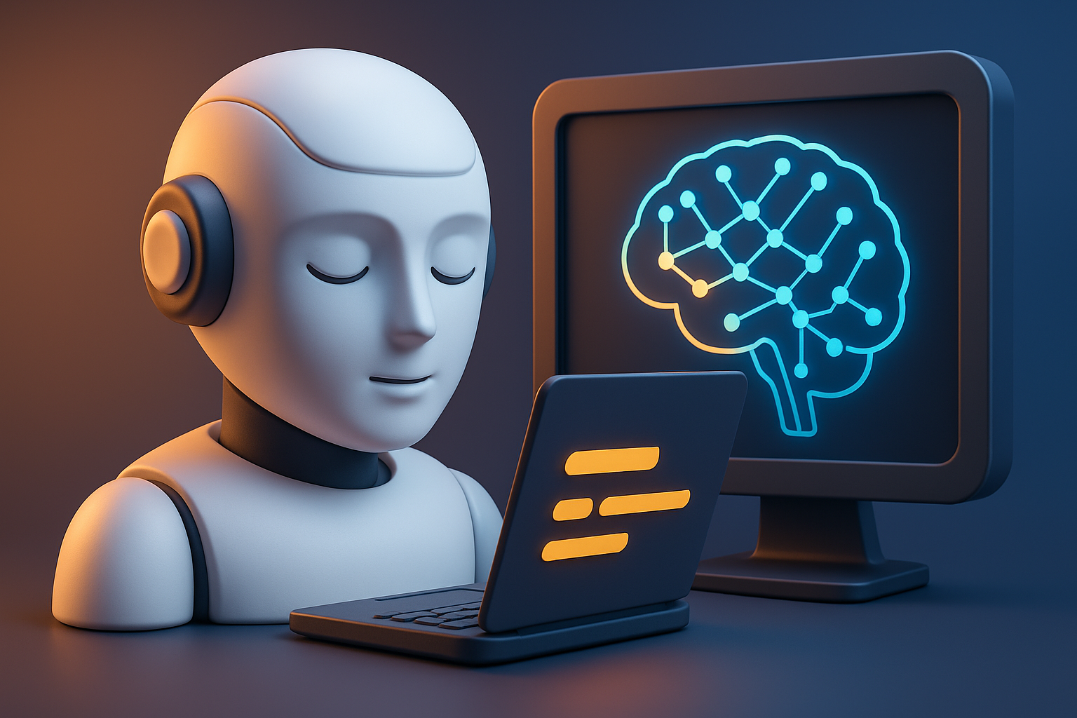 인공지능을 형상화환 로봇과 학습을 이미지화한 모니터화면과 노트북의 이미지