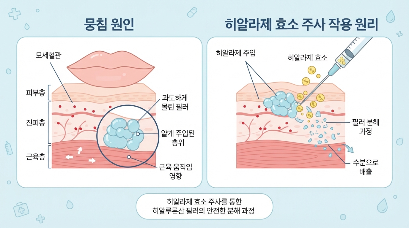 입술 필러 뭉침의 원인과 히알라제 효소 주사의 작용 원리를 설명하는 인포그래픽. 좌측은 입술 단면도에 뭉친 필러가 위치한 모습과 '과도하게 몰린 필러', '얕게 주입된 층위', '근육 움직임 영향' 라벨을 표시함. 우측은 히알라제 주사가 주입되어 뭉친 필러를 분해하고 수분으로 배출하는 과정을 도식화하고 '히알라제 주입', '필러 분해 과정', '수분으로 배출' 라벨을 표시함.