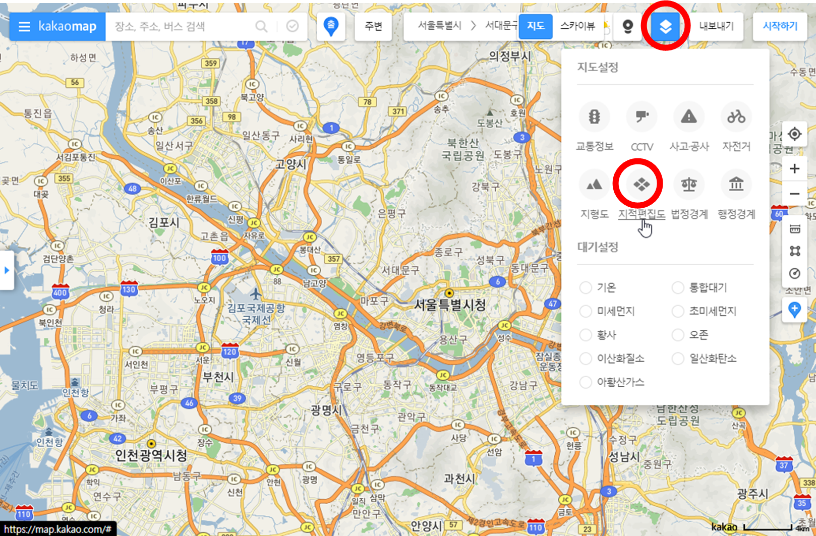 카카오맵-사이트-지적편집도-버튼-위치-활성화