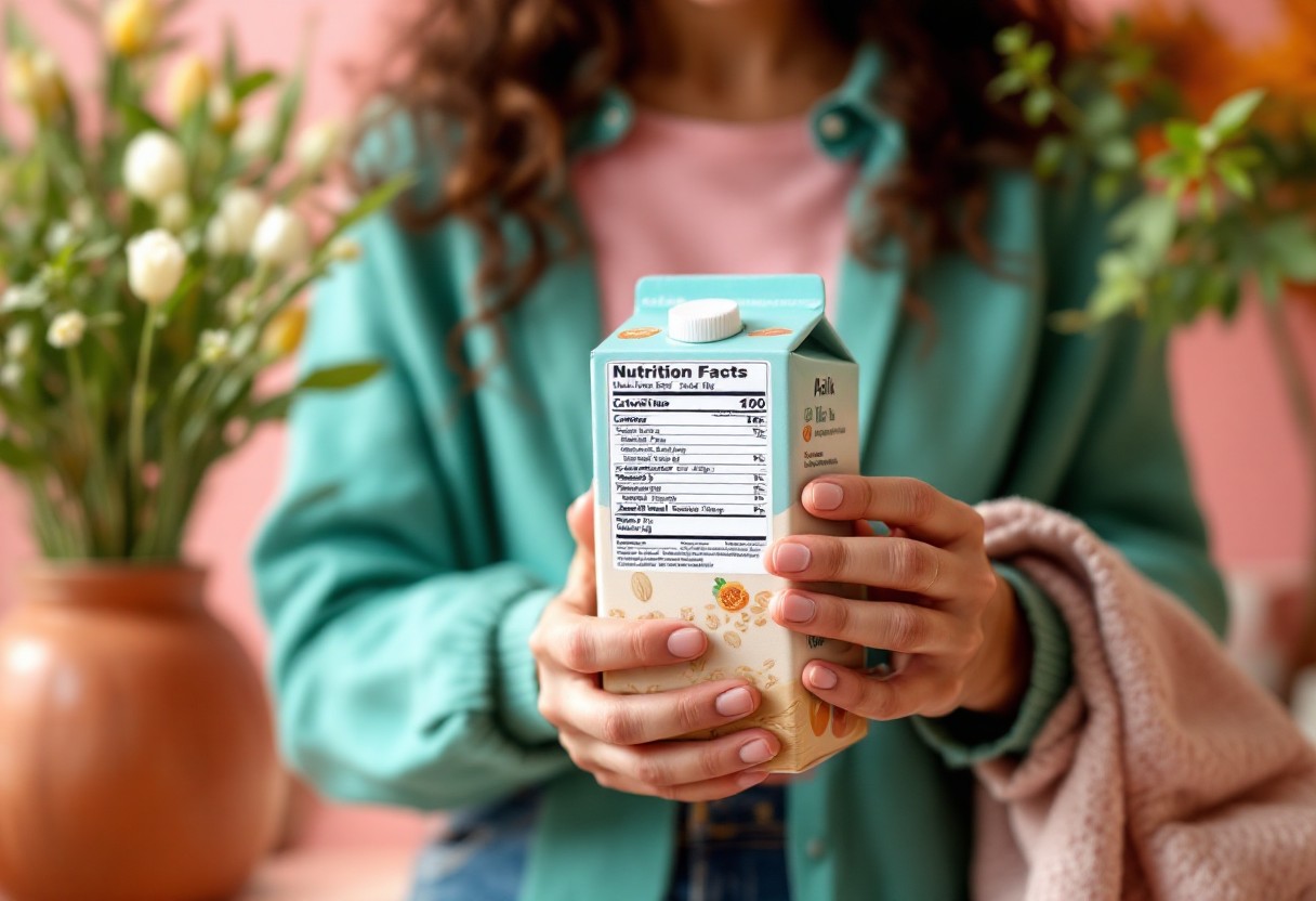 귀리 우유 영양성분표를 확인하는 손, 시판 귀리 우유 고르는 법