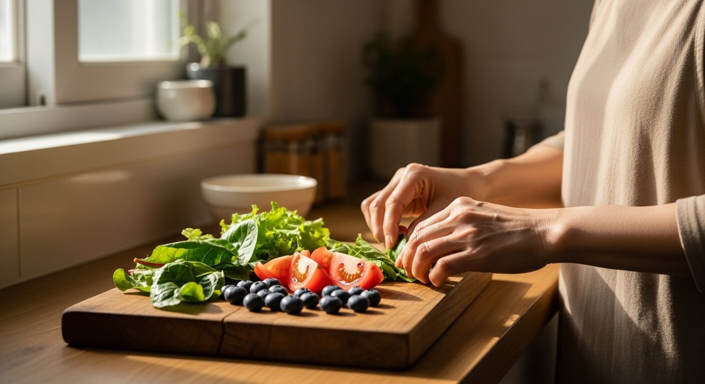 부엌에서 토마토와 시금치, 블루베리를 손질하며 건강한 식단을 준비하는 여성의 모습