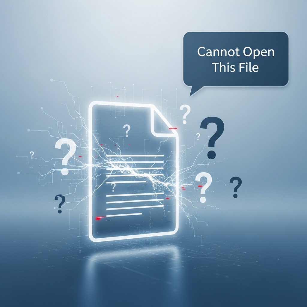 디지털 파일이 열리지 않아 깨진 듯한 이미지와 '이 파일을 열 수 없습니다'라는 오류 메시지가 뜨는 컴퓨터 화면. 파일 오류를 시각적으로 표현하여 문제를 나타냅니다.