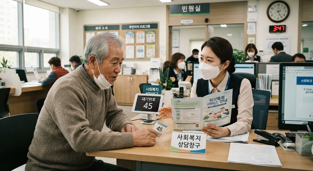 주민센터에서 일상돌봄서비스 문의받는 모습