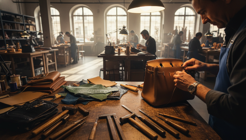 에르메스 공방에서 가죽 가방을 수작업으로 제작 중인 장인의 모습