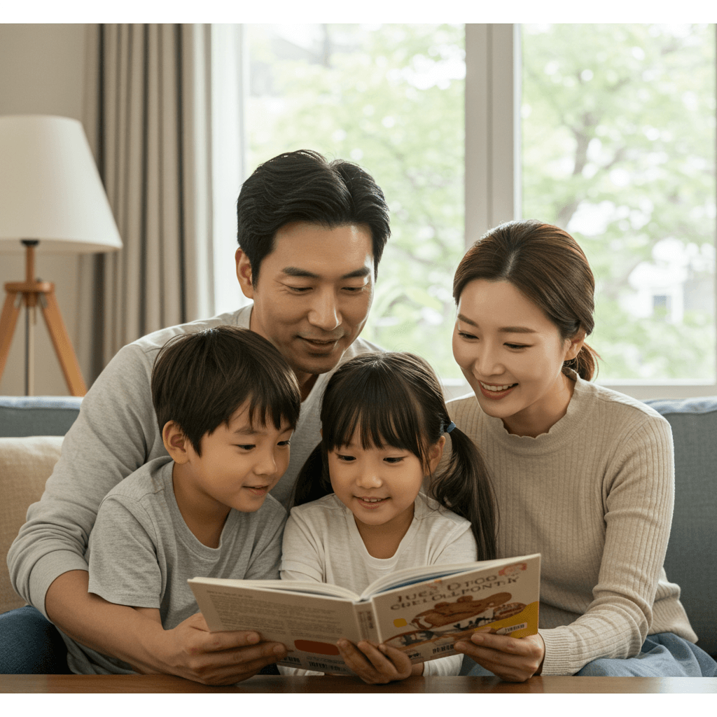 함께 책을 보는 가족들