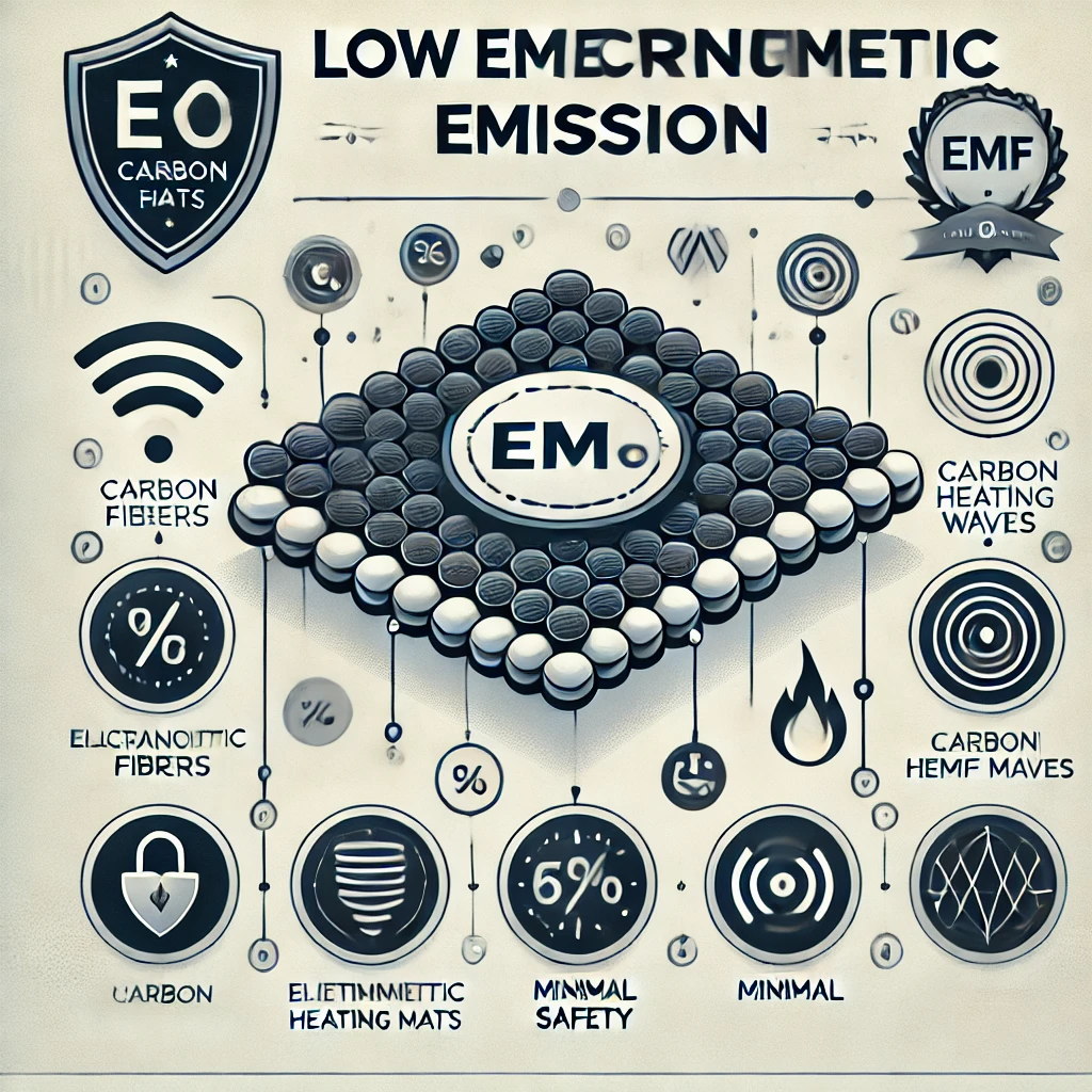카본매트의 낮은 전자파 방출과 안전 인증을 강조한 인포그래픽