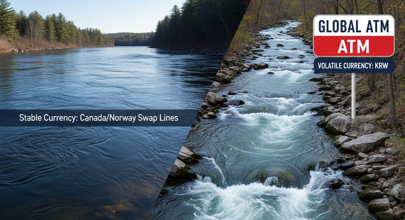 안정적인 기축통화 강대국과 유동성 위험이 큰 비 기축통화 국가의 외환 시장 상황을 대비하는 인포그래픽. '글로벌 ATM' 문구 포함.