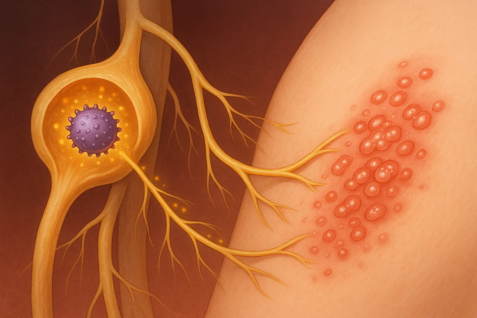 신경절 속에 잠복한 수두-대상포진 바이러스(VZV)가 활성화되는 장면, 신경을 따라 피부에 물집이 퍼지는 과정