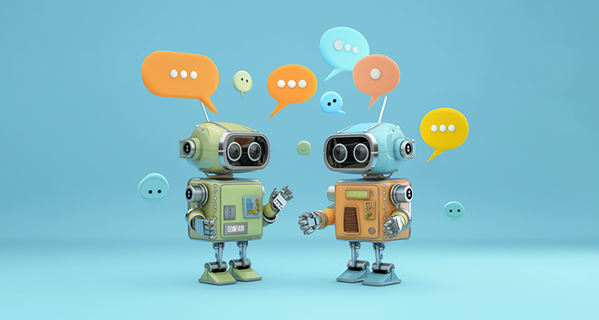 다양한 색상의 말풍선과 귀여운 로봇 캐릭터들을 통해 표현한 AI와의 소통 및 초연결 디지털 생태계의 모습