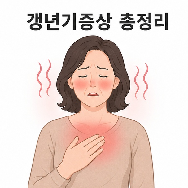 안면홍조와 열감을 느끼는 중년 여성으로 표현한 갱년기증상 총정리 이미지