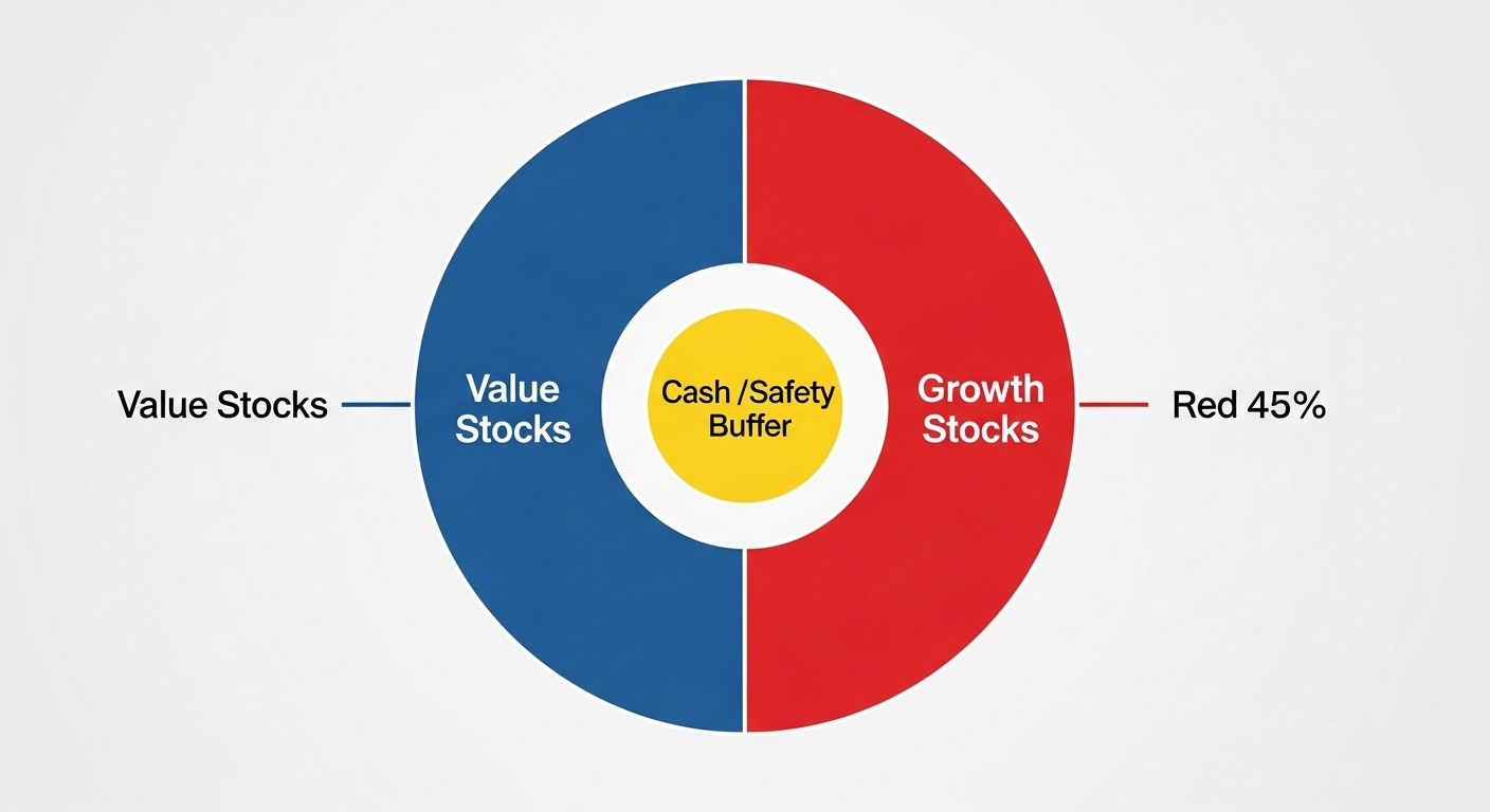 포트폴리오 원형 그래프가 가치주(파란색)와 성장주(빨간색) 비중으로 나뉘고, 현금(노란색)이 완충재 역할을 하는 모습