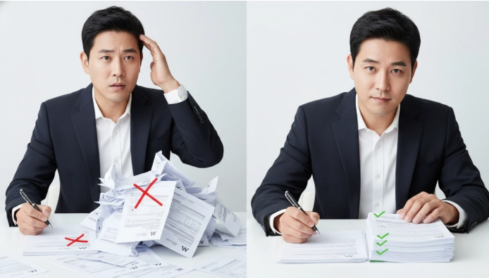 베트남 송금에 필요한 서류를 혼란스럽게 준비하는 모습과 체계적으로 완벽하게 준비하는 모습을 대비한 이미지.