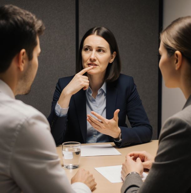 테이블 가운데에 중재자 역할을 하는 리더가 앉아 있고, 양쪽에 두명의 직원이 앉아 있다.