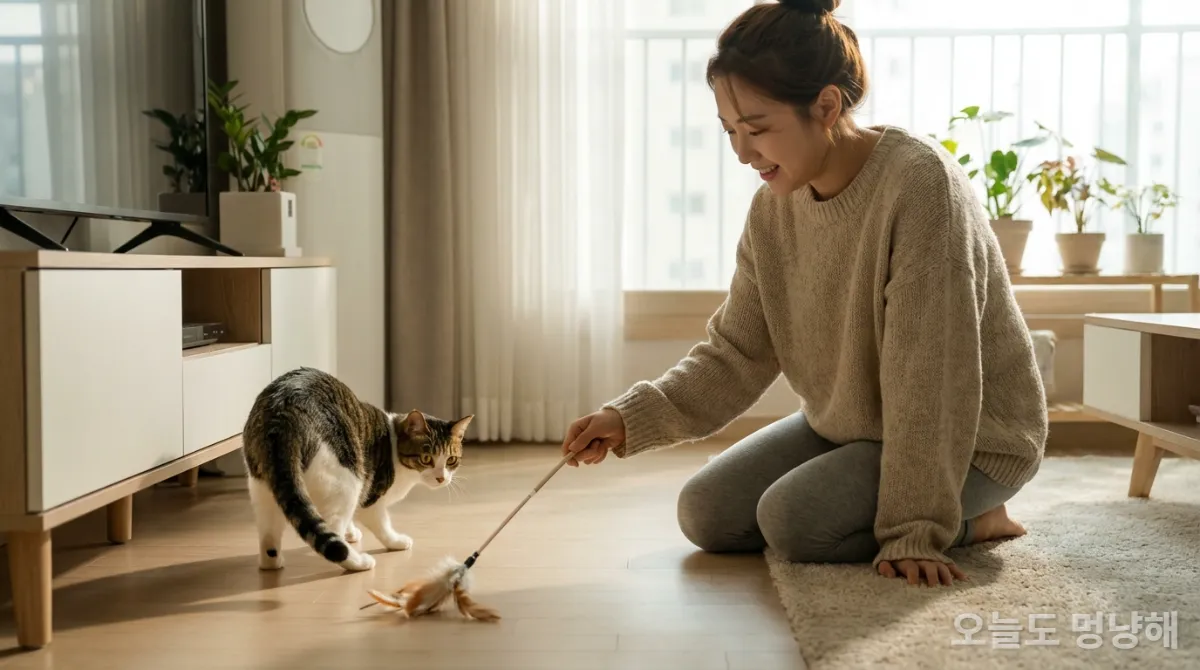 집사가 고양이와 함께 장난감을 활용하는 모습