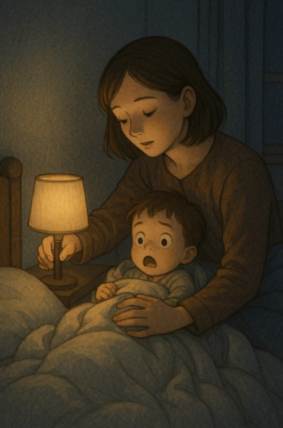 밤에 깨어 놀라는 아이와 부드럽게 안아주는 부모의 모습