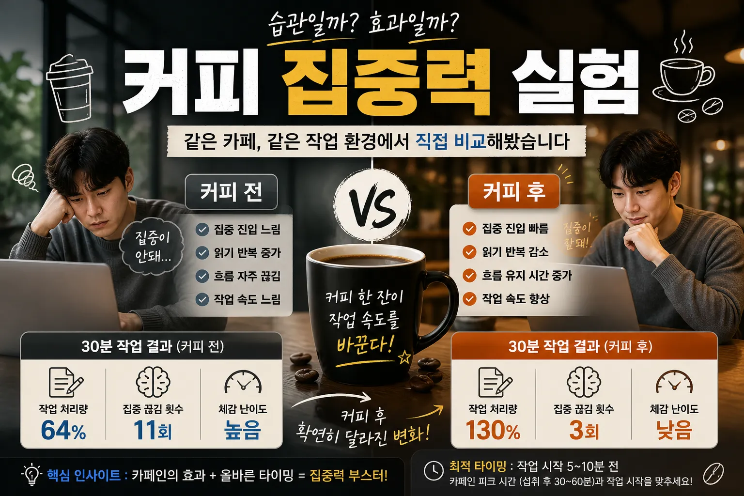 커피 집중력 실험 (카페작업, 카페인효과, 작업속도)