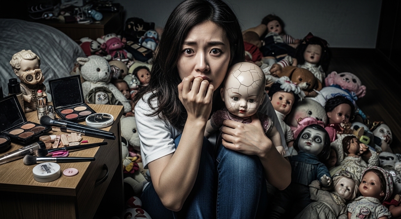 침대-머리맡에-쌓인-인형과-흩어진-화장품-사이에-앉아있는-한국인-여성