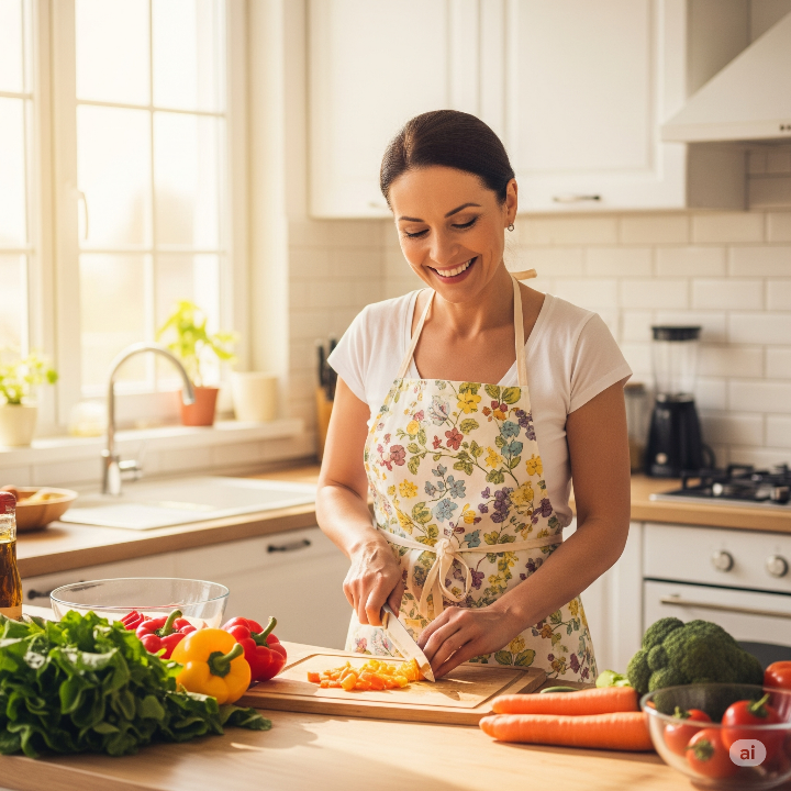 주부가 야채를 이용해 가족들의 식사를 준비하고 있습니다.