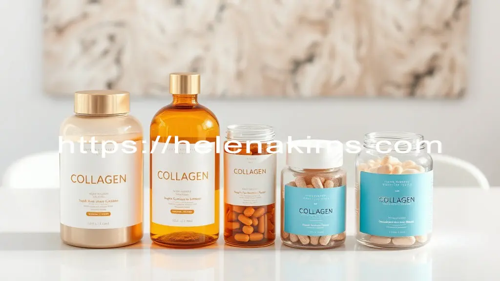 하얀 탁자 위에 콜라겐 분말, 콜라겐 액상, 콜라겐 캡슐병이 놓인 이미지.