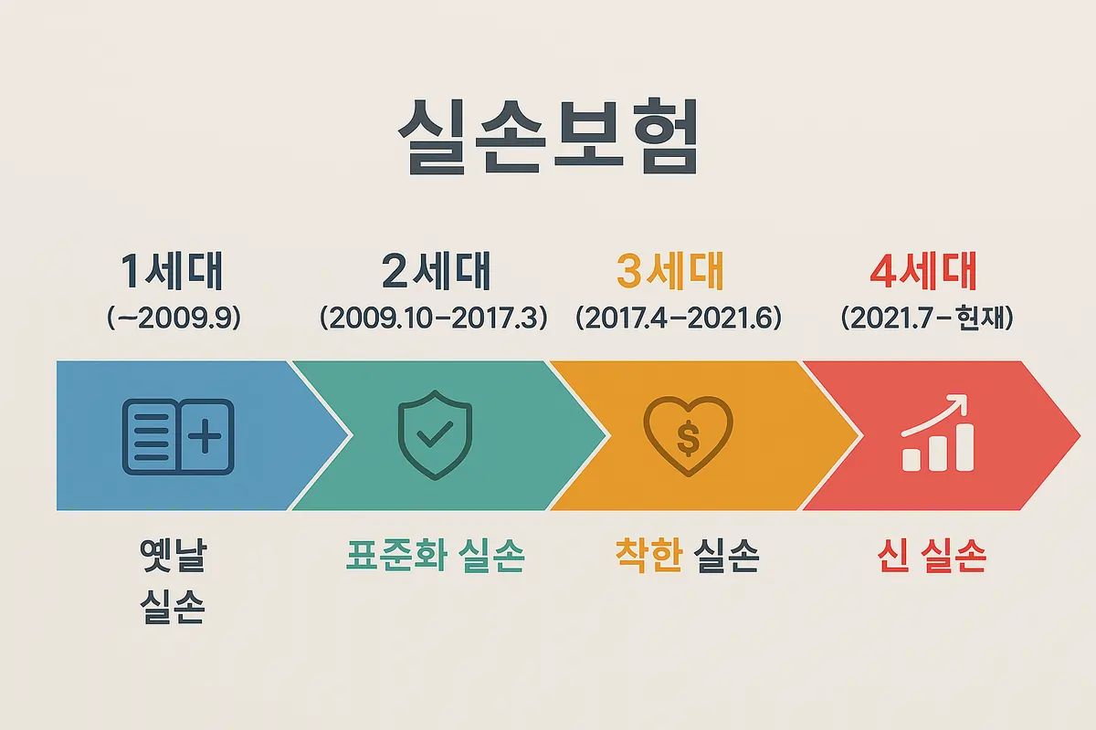 실손보험의 세대별 변천사(1세대부터 4세대까지)를 연도별로 나누어 시각적으로 보여주는 인포그래픽.