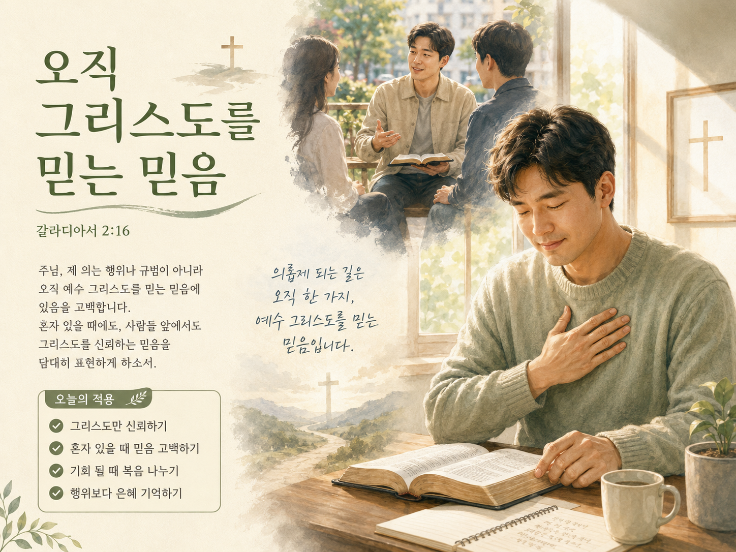 갈 2:16 말씀에서 우리가 하나님 앞에서 의롭다 인정받는 것은 이 세상 것이나 다른 규범을 지키는 것이 아니라 예수 그리스도를 믿는 믿음 뿐임을 기억하며, 오늘도 예수 그리스도를 통한 믿음, 그리스도를 신뢰하는 것만이 유일한 구원의 방법임을 상기하며 그리스도를 신뢰하는 믿음의 표현을 주위 영혼들에게, 그리고 혼자 있을 때 고백하는 시도를 하는 모습입니다.