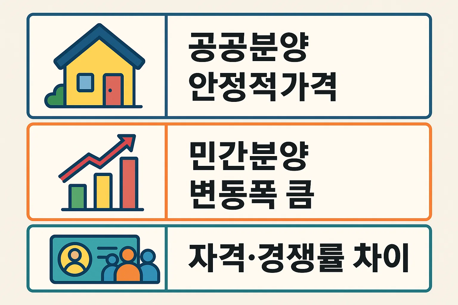 경기 공공분양예정 아파트와 민간분양의 분양가 안정성, 변동폭 차이, 자격요건과 경쟁률 차이를 직관적으로 비교한 인포그래픽 자료