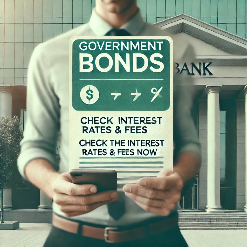 사람이 국채 서류를 들고 금융 기관 앞에 서 있는 장면