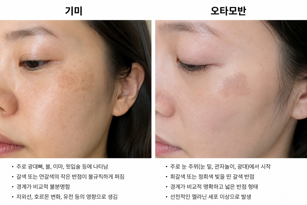 기미와 오타모반의 색깔과 발생 부위 차이를 비교한 피부 사진