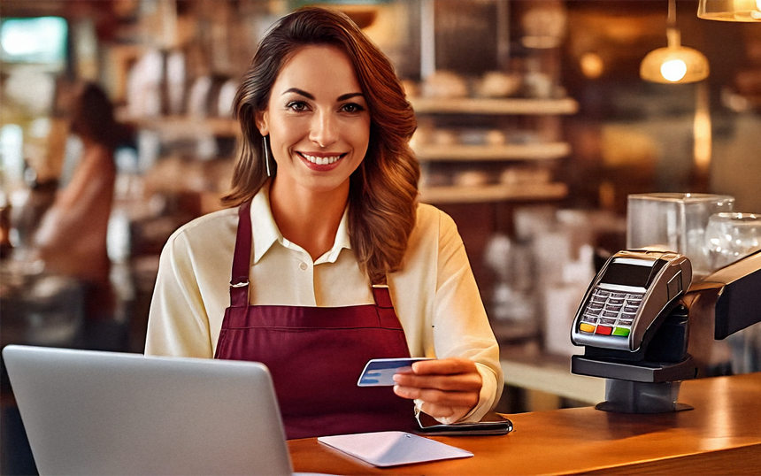 카드 수수료 인하로 혜택을 받는 소상공인이 결제 단말기와 재무 기록을 확인하는 모습