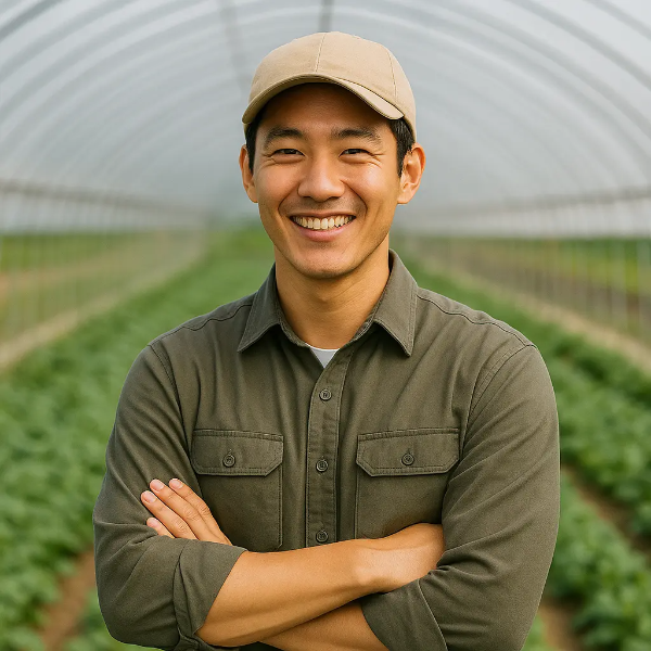 비닐하우스 안에서 팔짱을 낀 채 환하게 웃는 젊은 청년 농업인의 텍스트 없는 인물 이미지