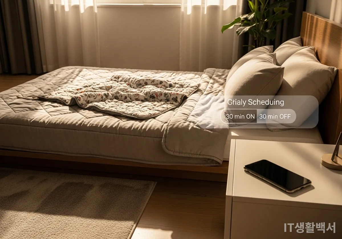침대 위 전기장판과 스마트폰 앱의 30분 간격 타이머 설정 화면 오버레이