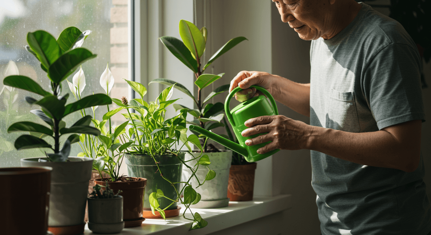 실내 식물에 물 주는 사람- 이미지