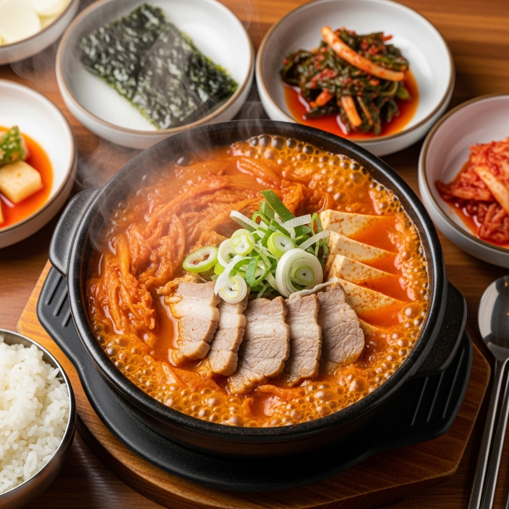 전통 뚝배기에 담겨 김이 모락모락 나는 먹음직스러운 김치찌개. 잘 익은 김치, 부드러운 돼지고기, 두부, 파가 어우러져 맛있어 보이는 모습.