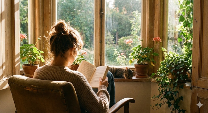 따뜻한 햇살이 드는 창가에서 책을 읽는 사람의 뒷모습