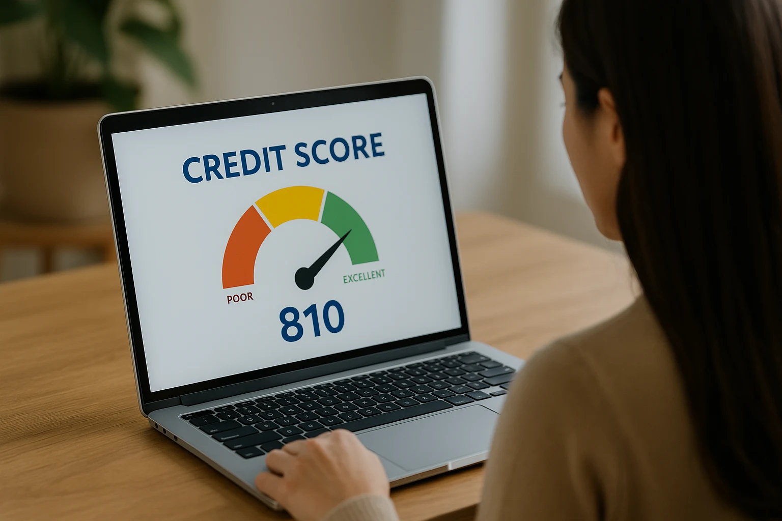 Laptop 화면에서 신용점수 알림을 확인하는 여성