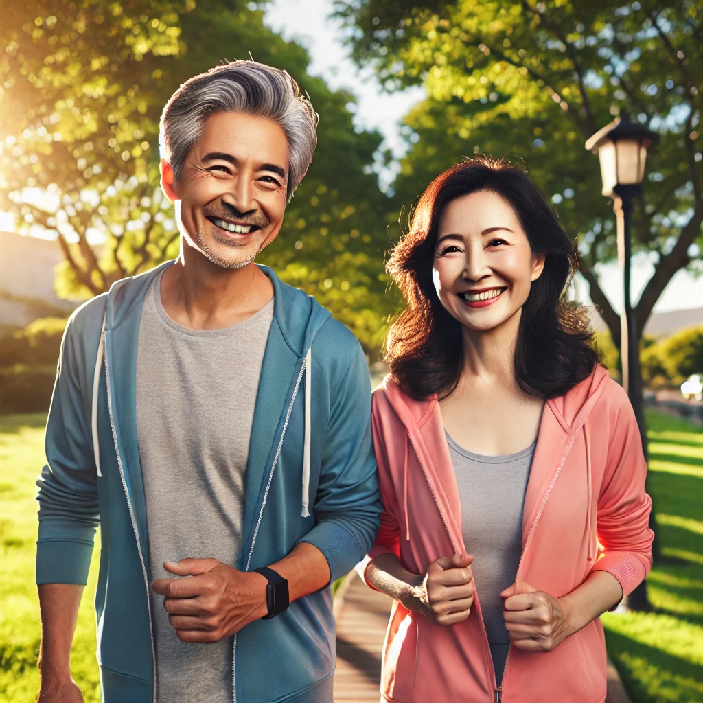 공원에서 함께 걷는 건강한 중년 부부의 모습