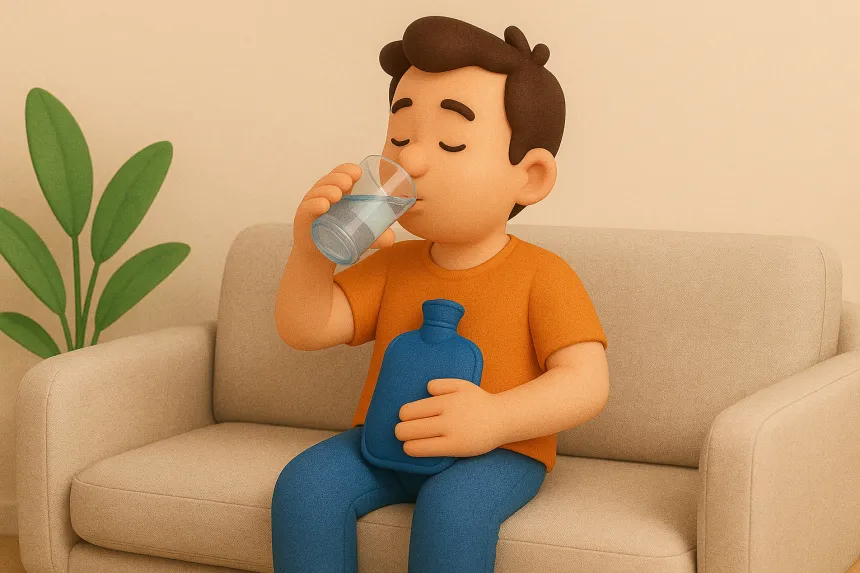 물을 조금씩 마시며 온찜질 하는 모습