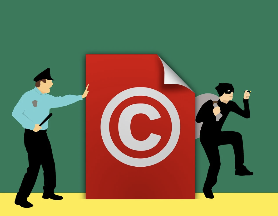 저작권을 상징하는 빨간 마크 앞에서 이를 지키려는 경찰과 몰래 침해하려는 도둑의 모습을 표현한 저작권 경고 일러스트