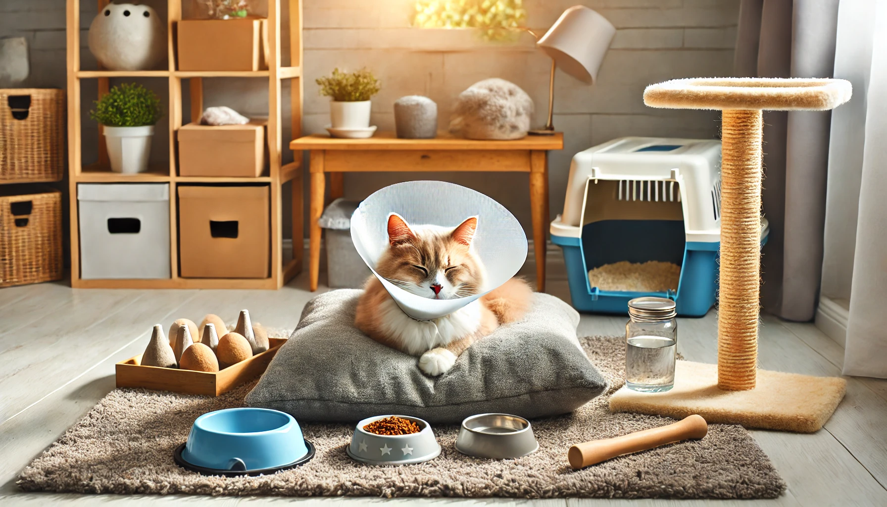 중성화 수술 후 고양이가 조용히 회복 중인 모습