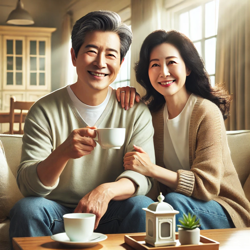 커피 마시며 웃는 부부 
