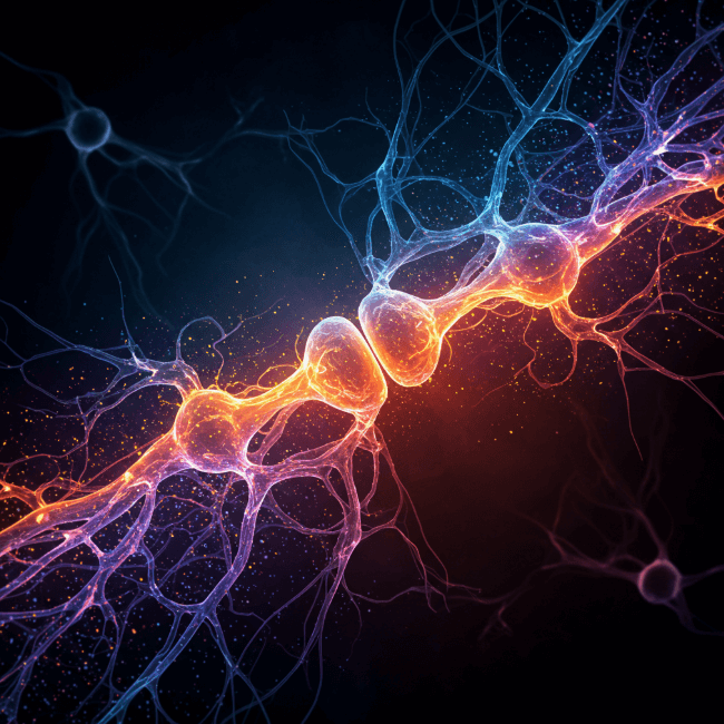 신경세포 간의 시냅스를 형상화한 이미지로, 양쪽 뉴런이 맞닿은 부위에서 전기 신호가 전달되는 듯한 빛이 퍼져나가며, 신경망이 화려한 색상으로 복잡하게 얽혀 있는 모습