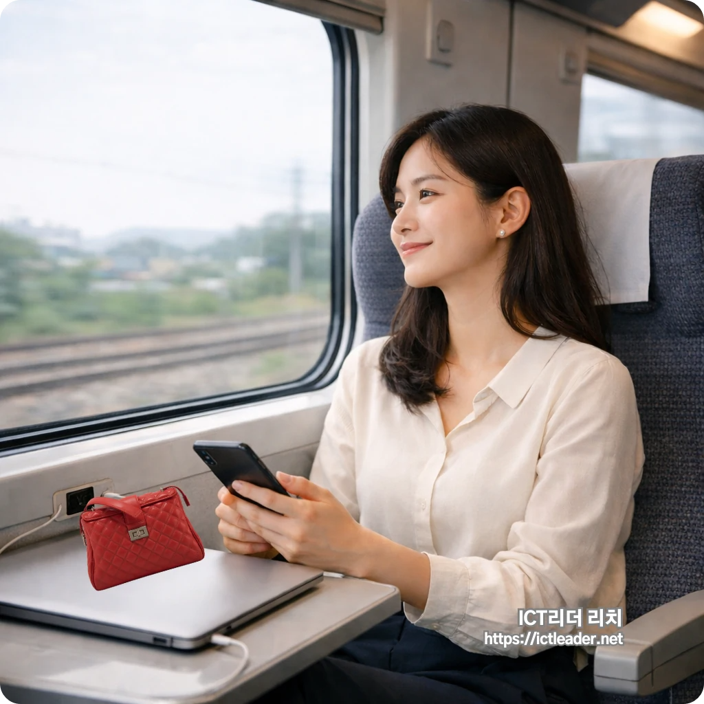 KTX 창가 좌석에서 스마트폰을 들고 이동하며 테이블 위 충전 중인 맥북을 함께 보여주는 한국인 여성 승객 실사형 대표 썸네일 이미지